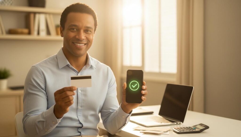 Pessoa brasileira sorrindo segurando cartão de crédito genérico após aprovação digital, mostrando alívio e confiança para retomar o controle das finanças