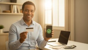 Pessoa brasileira sorrindo segurando cartão de crédito genérico após aprovação digital, mostrando alívio e confiança para retomar o controle das finanças