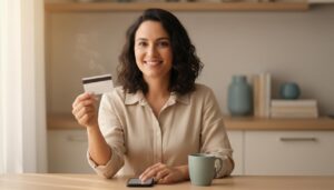 Pessoa brasileira segurando um cartão de crédito e sorrindo em casa com expressão de alívio