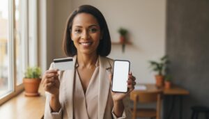 Pessoa brasileira sorrindo segura cartão de crédito genérico e celular com app financeiro desfocado simbolizando recuperação da autonomia financeira
