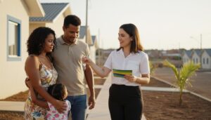 Família brasileira recebendo as chaves da nova casa pelo programa habitacional