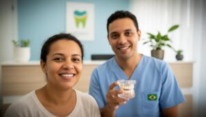 Paciente brasileira feliz em clínica odontológica recebendo orientação sobre implante pelo SUS