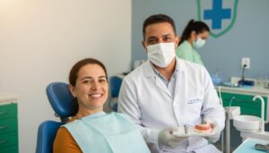 Paciente sorrindo em clínica do SUS com dentista mostrando um implante dentário