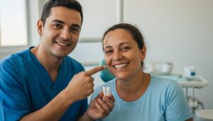 Paciente brasileiro sorrindo em clínica do SUS enquanto dentista explica e mostra modelo de implante dentário