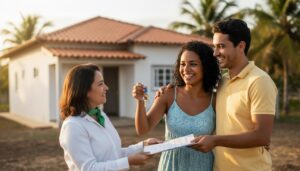 Casal brasileiro feliz recebendo as chaves da casa nova e documentos do cadastro do programa Minha Casa Minha Vida