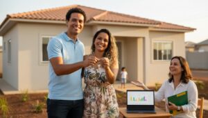 Casal brasileiro sorrindo em frente à casa nova segurando chaves e documentos do programa Minha Casa Minha Vida